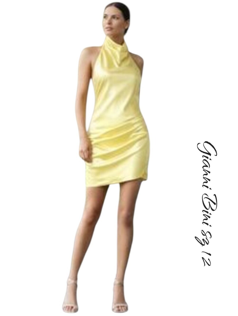 Gianni Bini Peyton Yellow Satin Cowl Halter Neck Mini Dress Size 12 NWT